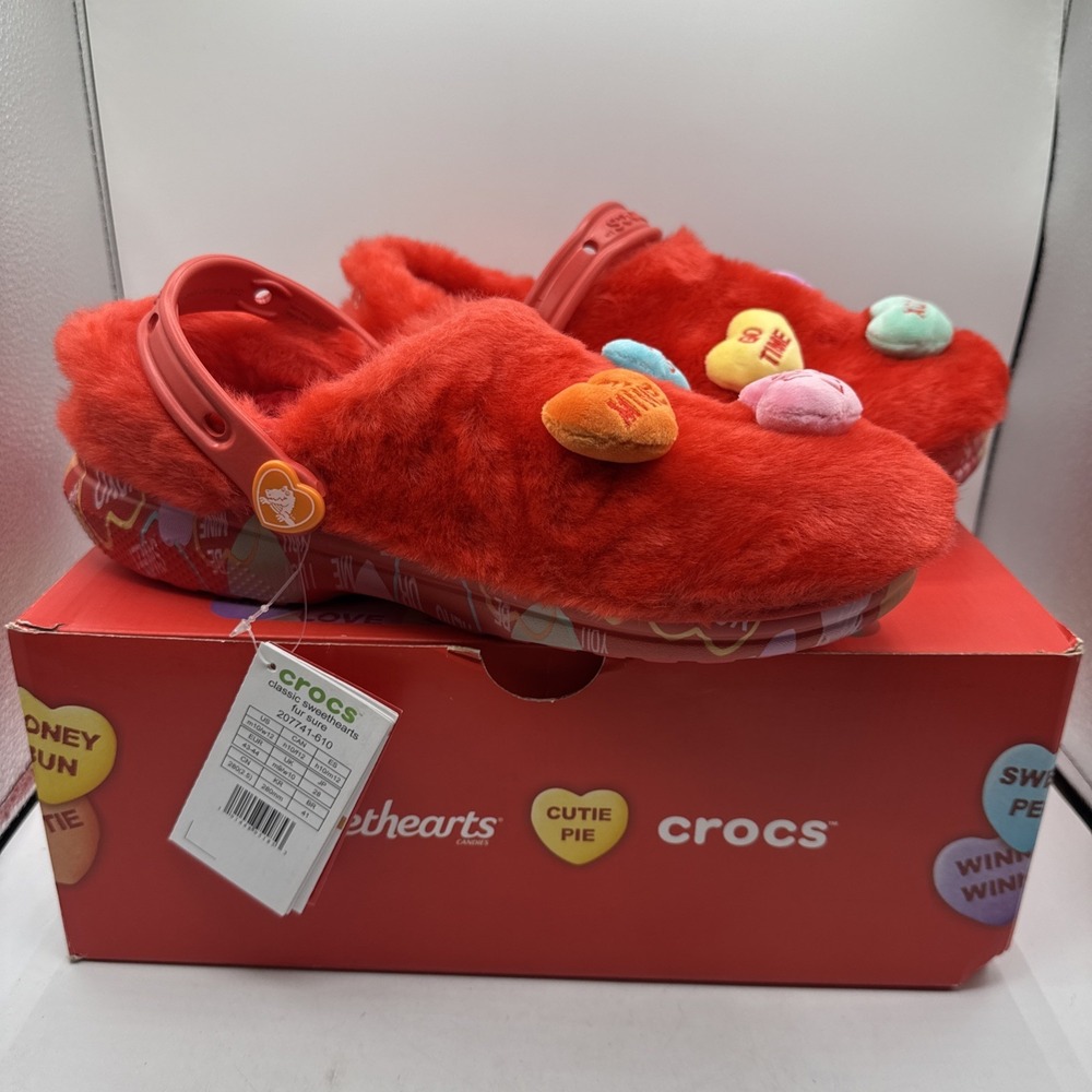 CROCS Sweethearts Shoes Hearts Candy Cozy Clogs Red Fuzzy NEW Size 12 W 10 M